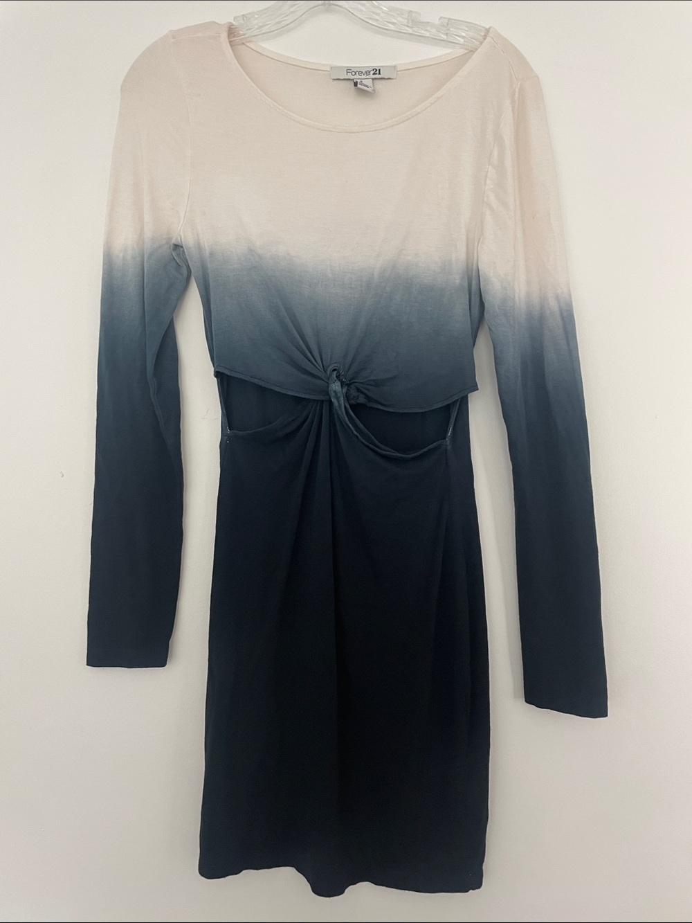 Forever 21 Cream-to-Navy Ombre Knot-Front Long Sleeve Dress